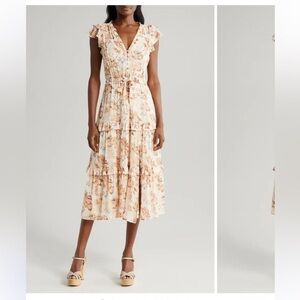 New Paige Rozlyn Floral Tiered Silk Midi Dress Cream Tan Pink Orange Medium